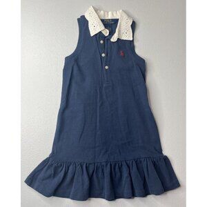 Polo Ralph Lauren Girls Polo Dress Sleeveless Lace Collar Navy Blue Size 4